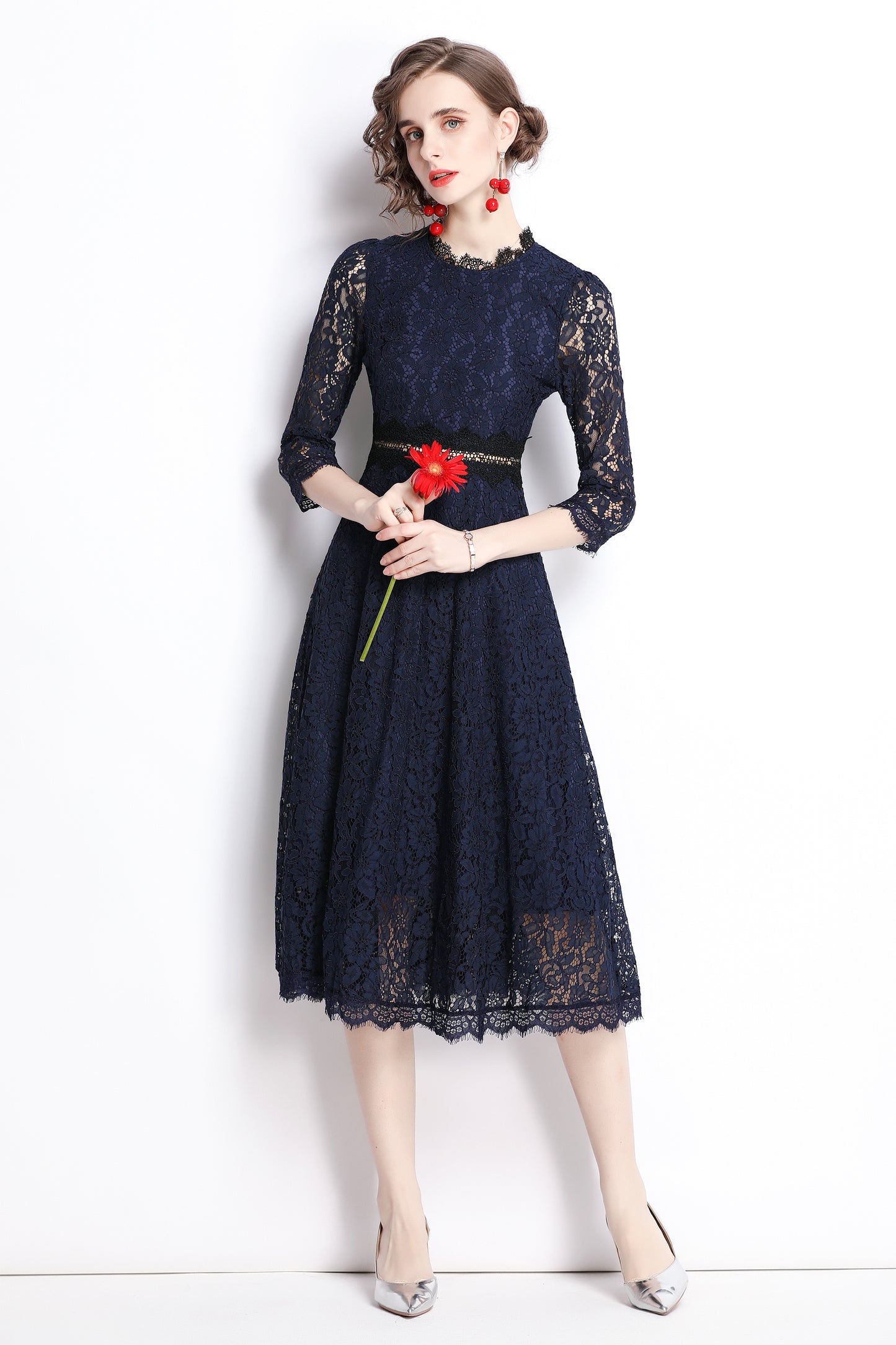 SSY-Women's 3/4 Sleeve Floral Lace Cocktail Midi Dress