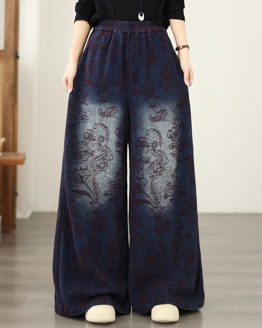 Retro Paisley Print Wide-Leg Jeans Vintage Wash Denim Pants - LAI MENG FIVE CATS