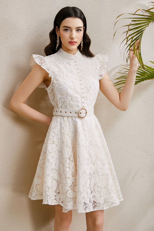 Women's Sleeveless Ruffle Sleeve Lace Mini Dress