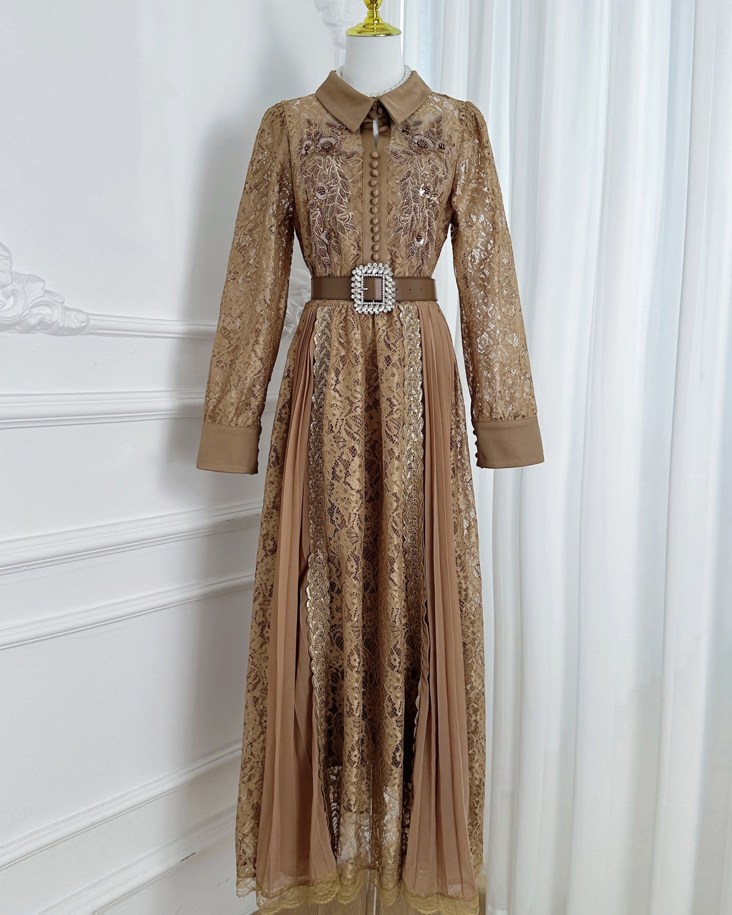 Lace & Chiffon Maxi Dress – Elegant Long Sleeve Dress with Crystal Belt
