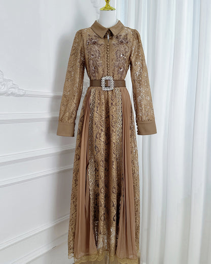 Lace & Chiffon Maxi Dress – Elegant Long Sleeve Dress with Crystal Belt