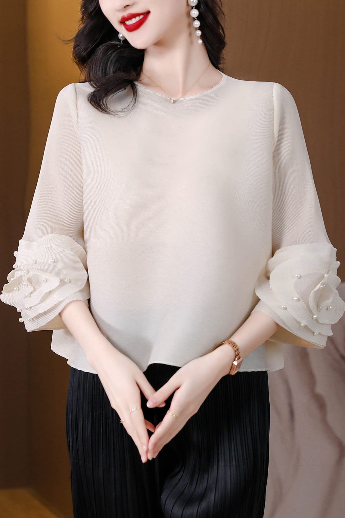 Pearls Beaded Ruffled Sleeve Elastic Blouse