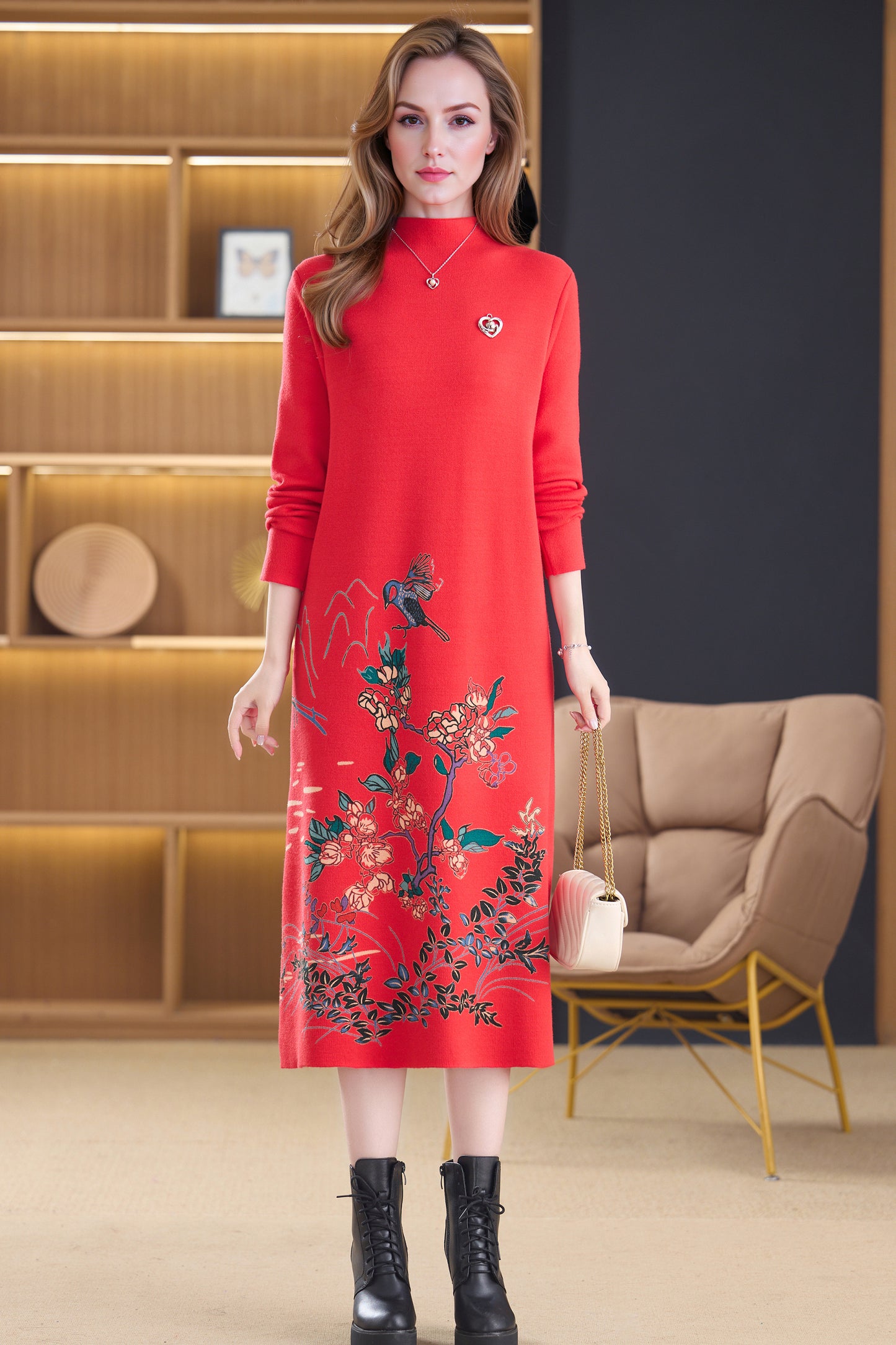 Women's Turtleneck Sweater Long Sleeve Red Dress