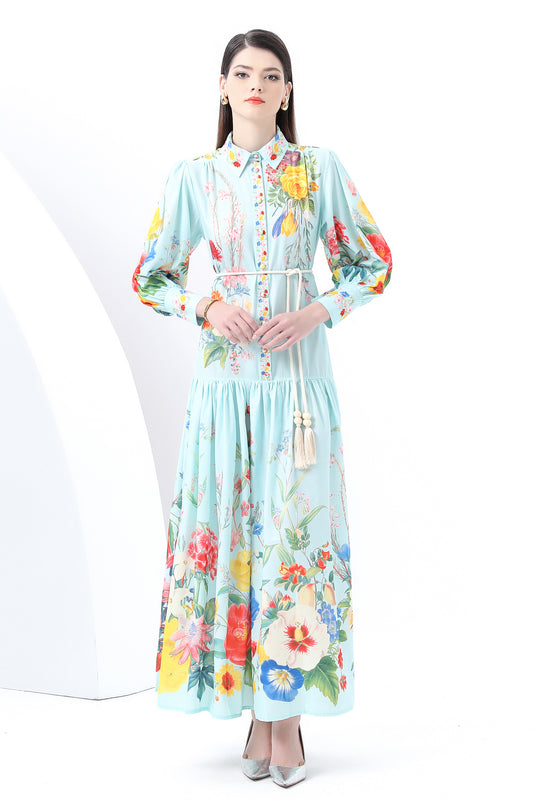 Women's Printed Lantern Sleeve Maxi Dress