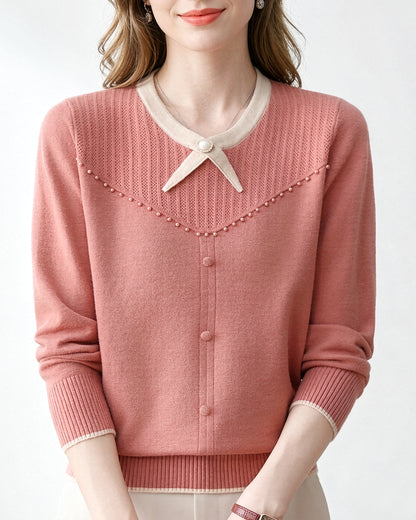 Elegant Pearl Long Sleeve Knit Sweater Pullover Top