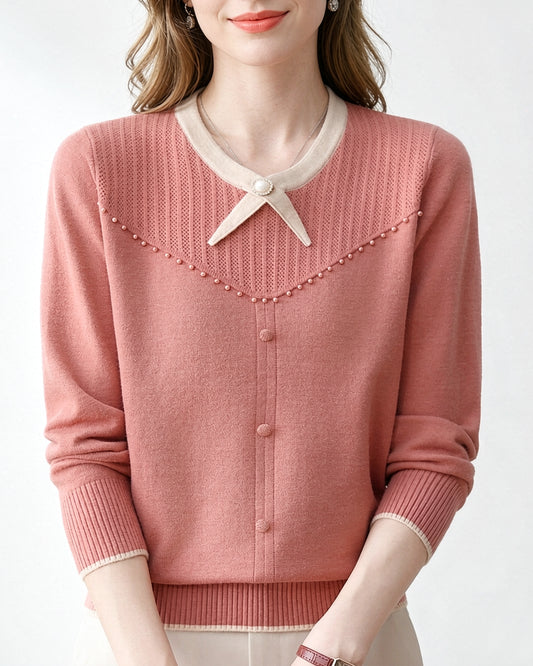 Elegant Pearl Long Sleeve Knit Sweater Pullover Top