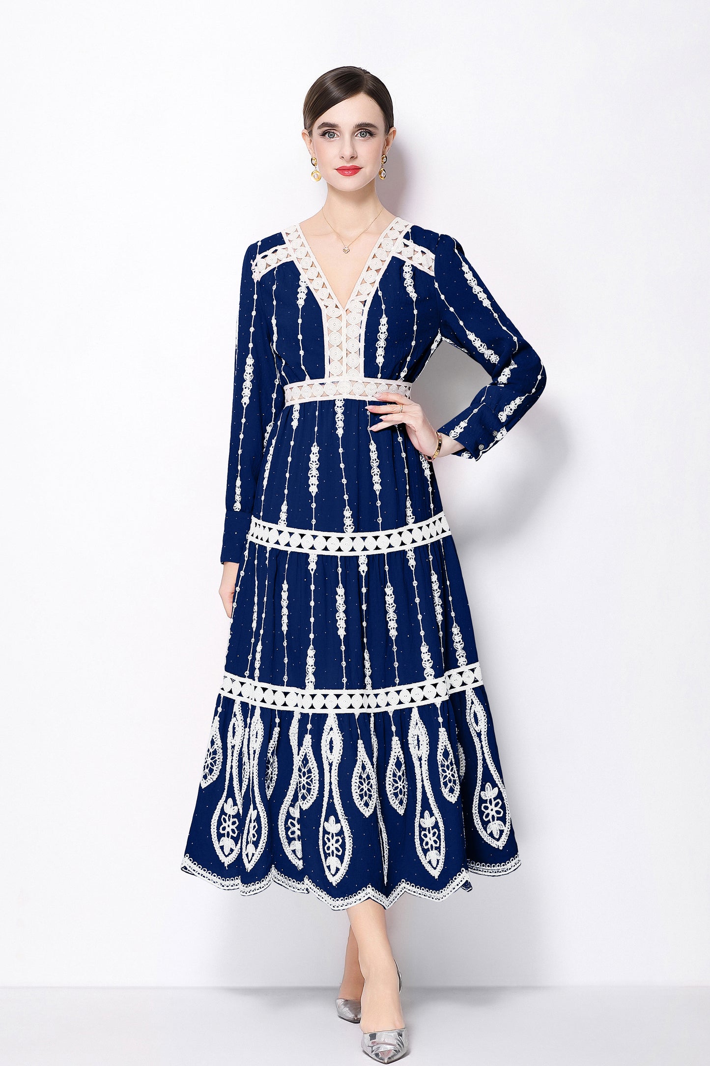 Women's V Neck Long Sleeve Hollowed Lace Linen Dress - LAI MENG FIVE CATS