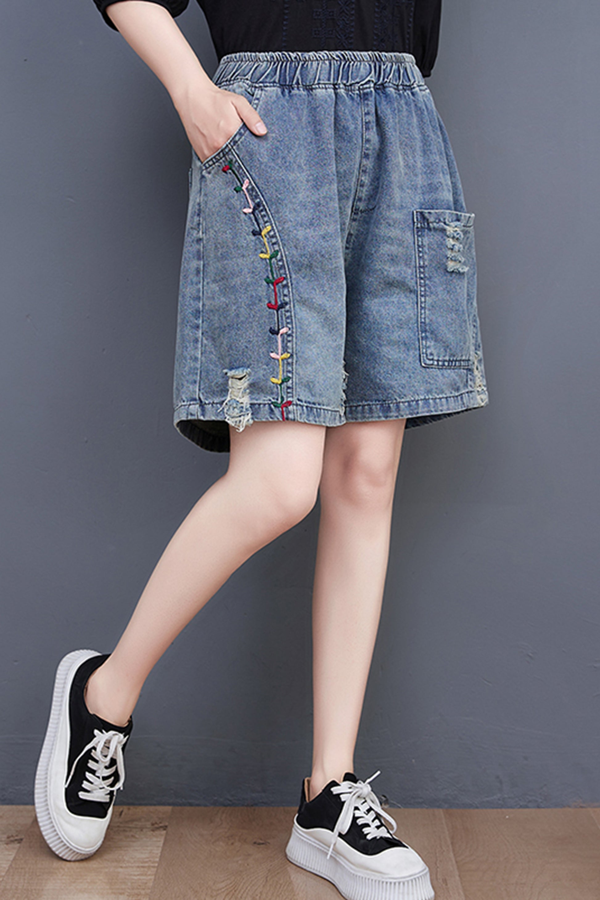 Women's Baggy Pull On Jeans Ripped Denim Shorts - LAI MENG FIVE CATS