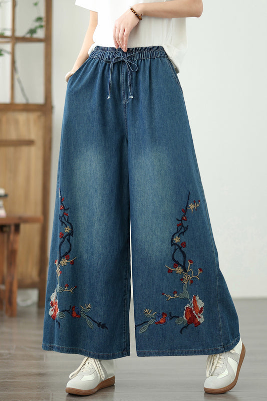 Women's Embroidery Wide Leg Denim Pants