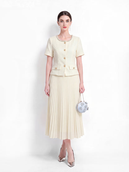 28664-Pearl-Trim Long Sleeve Elegant Pleated Skirt Set