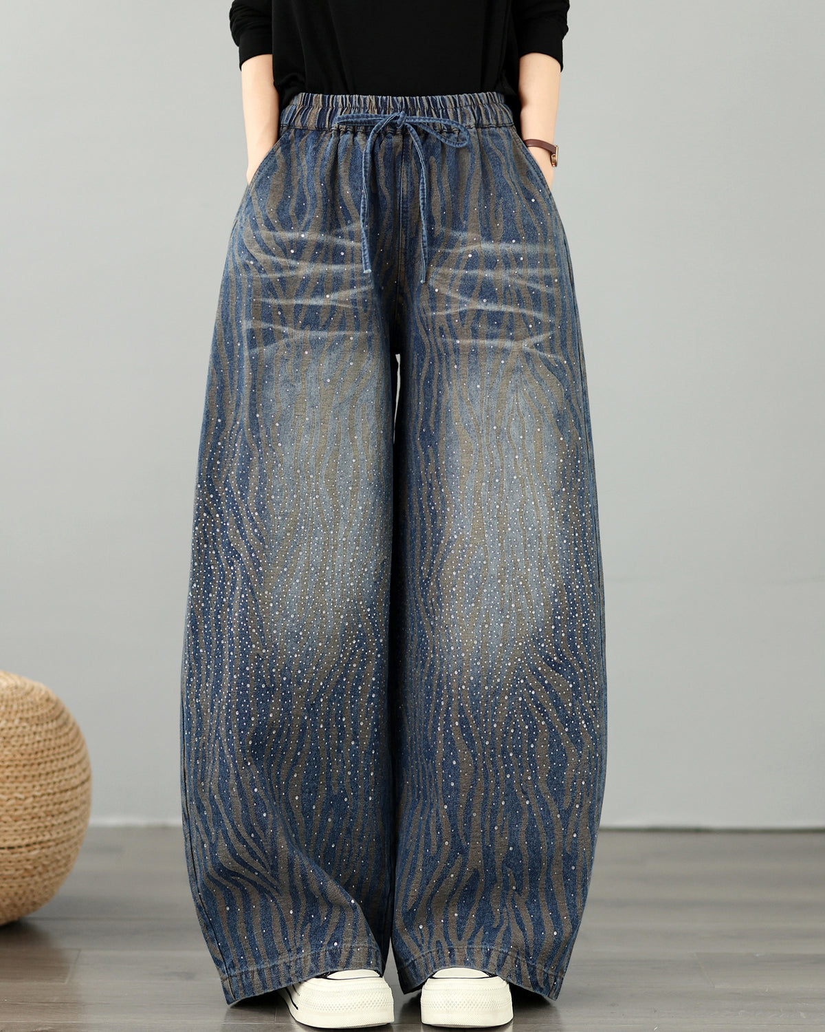 28678-Vintage Wavy Stripe Denim Wide-Leg Pants with Drawstring Waist