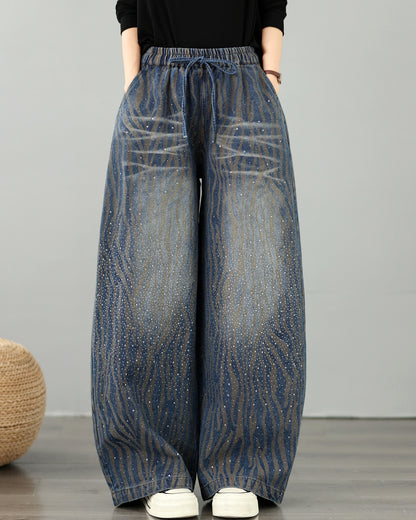 28678-Vintage Wavy Stripe Denim Wide-Leg Pants with Drawstring Waist