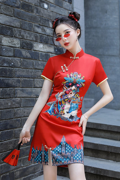 Women's Chinese Cheongsam Print Mini Dress