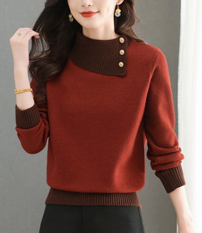 Chic Color-Block Knit Sweater – Asymmetric Neck Pullover Tops