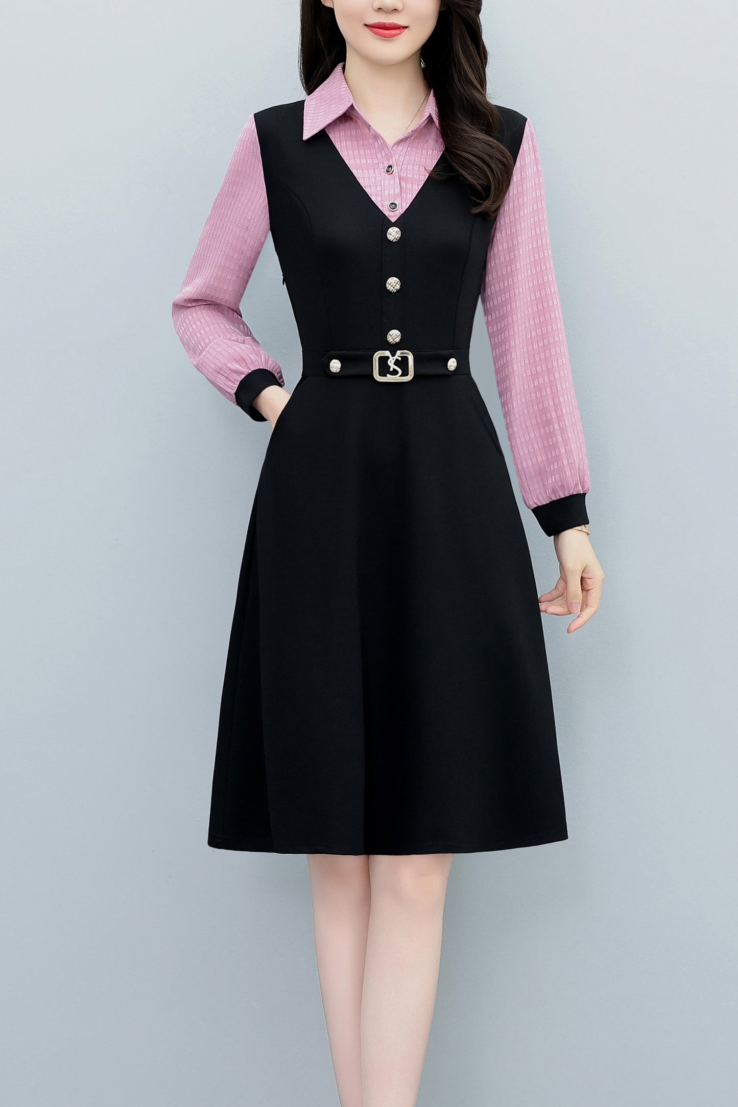 Women's Lapel V-Neck Pocket Long Sleeve Black Dress