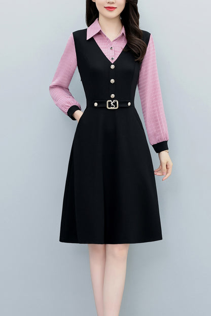 Women's Lapel V-Neck Pocket Long Sleeve Black Dress
