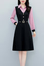 Women's Lapel V-Neck Pocket Long Sleeve Black Dress