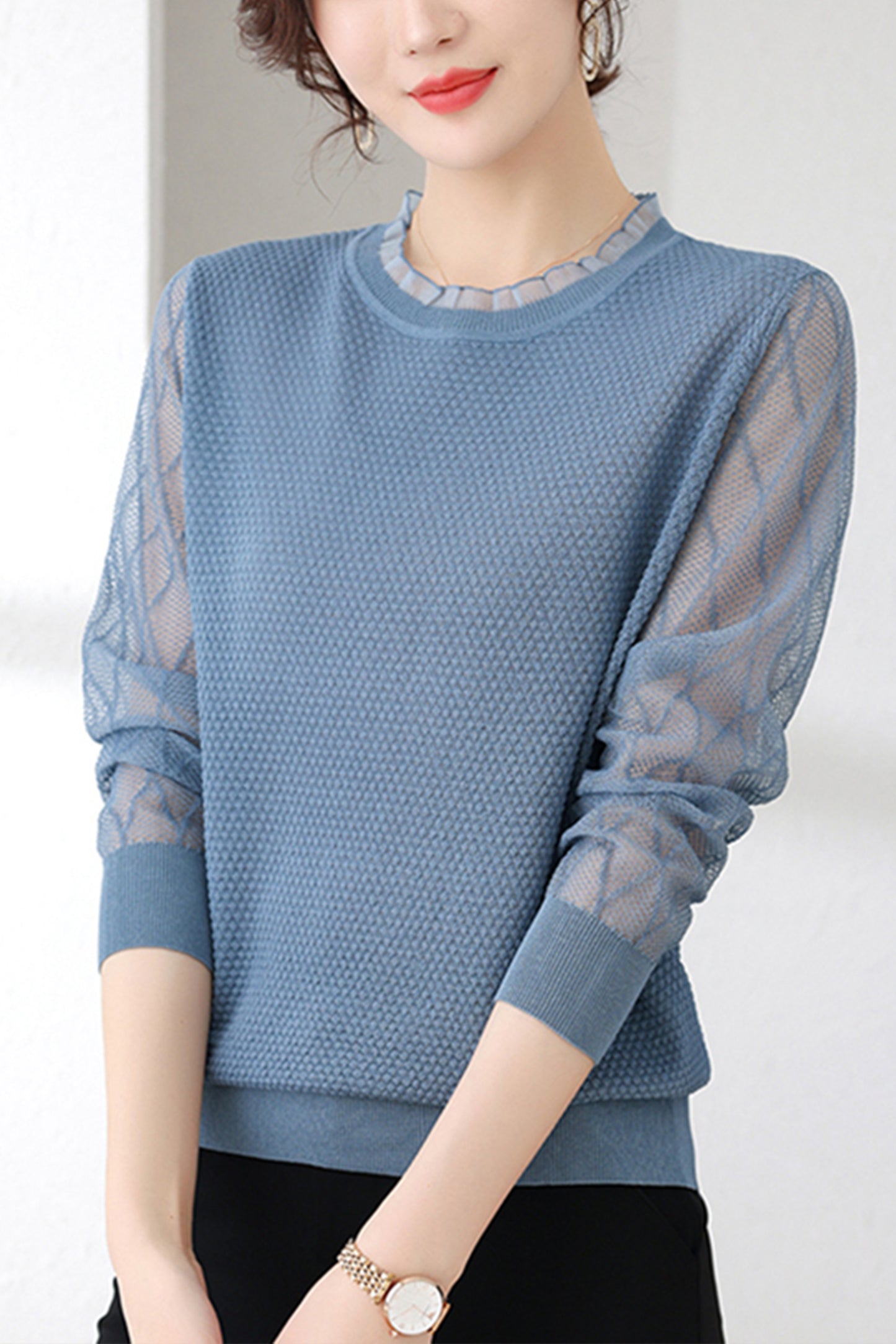 Women's Sweater Puff Sleeve Patchwork Lace Tops
