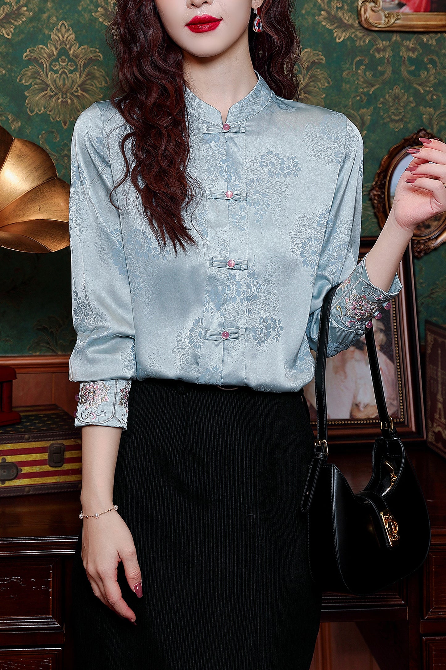 Women's Silk Satin Jacquard Long Sleeve Blouses