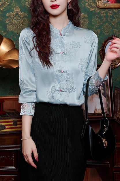 Women's Silk Satin Jacquard Long Sleeve Blouses