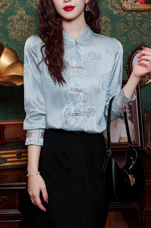 Women's Silk Satin Jacquard Long Sleeve Blouses
