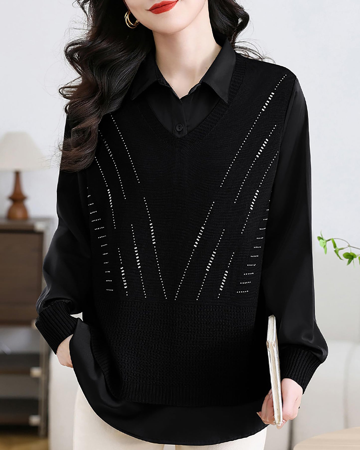 Women's 2-in-1 Layered Knit Vest Top — Shirt Collar with Dotted Trim