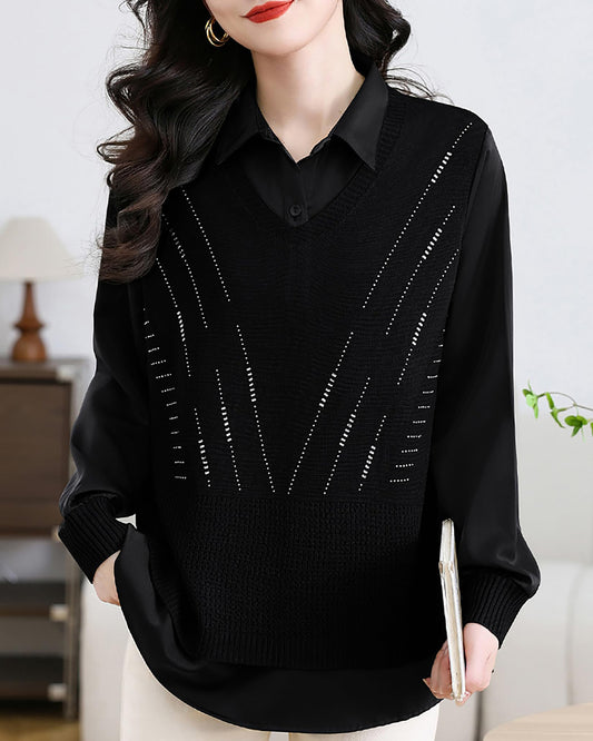 Women's 2-in-1 Layered Knit Vest Top — Shirt Collar with Dotted Trim