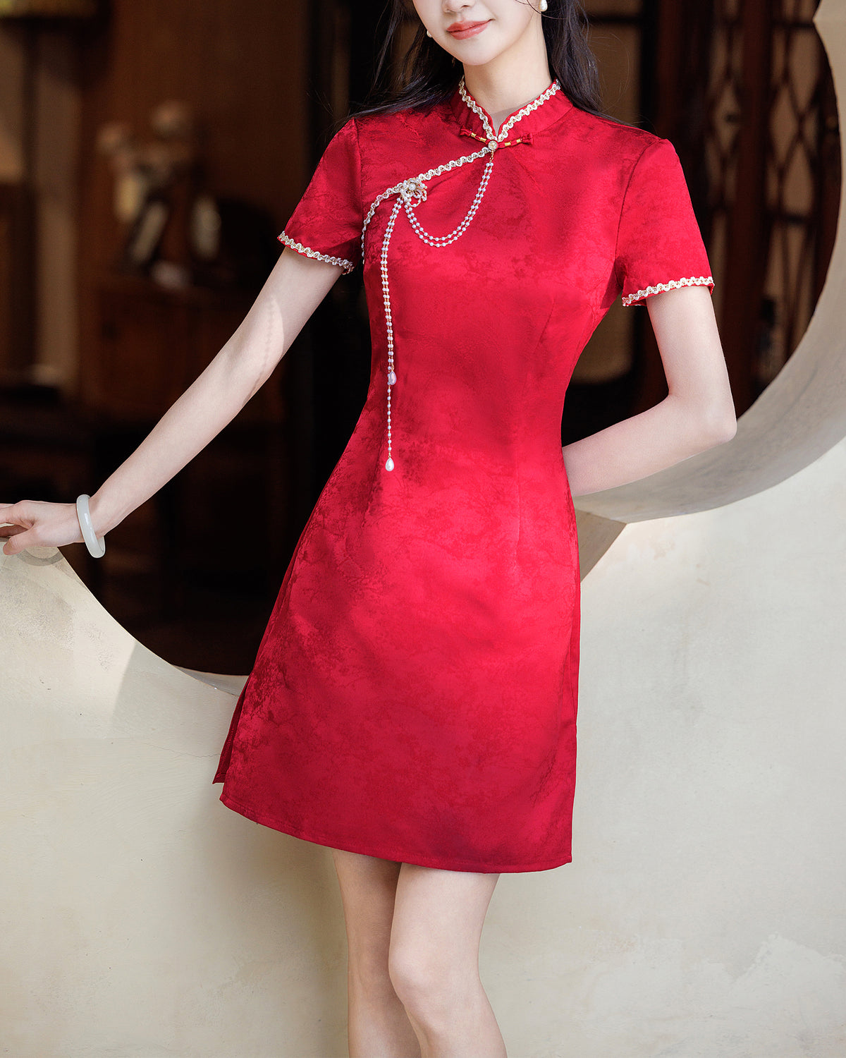 Red Jacquard Cheongsam Dress Short Sleeve Qipao with Pearl Tassel