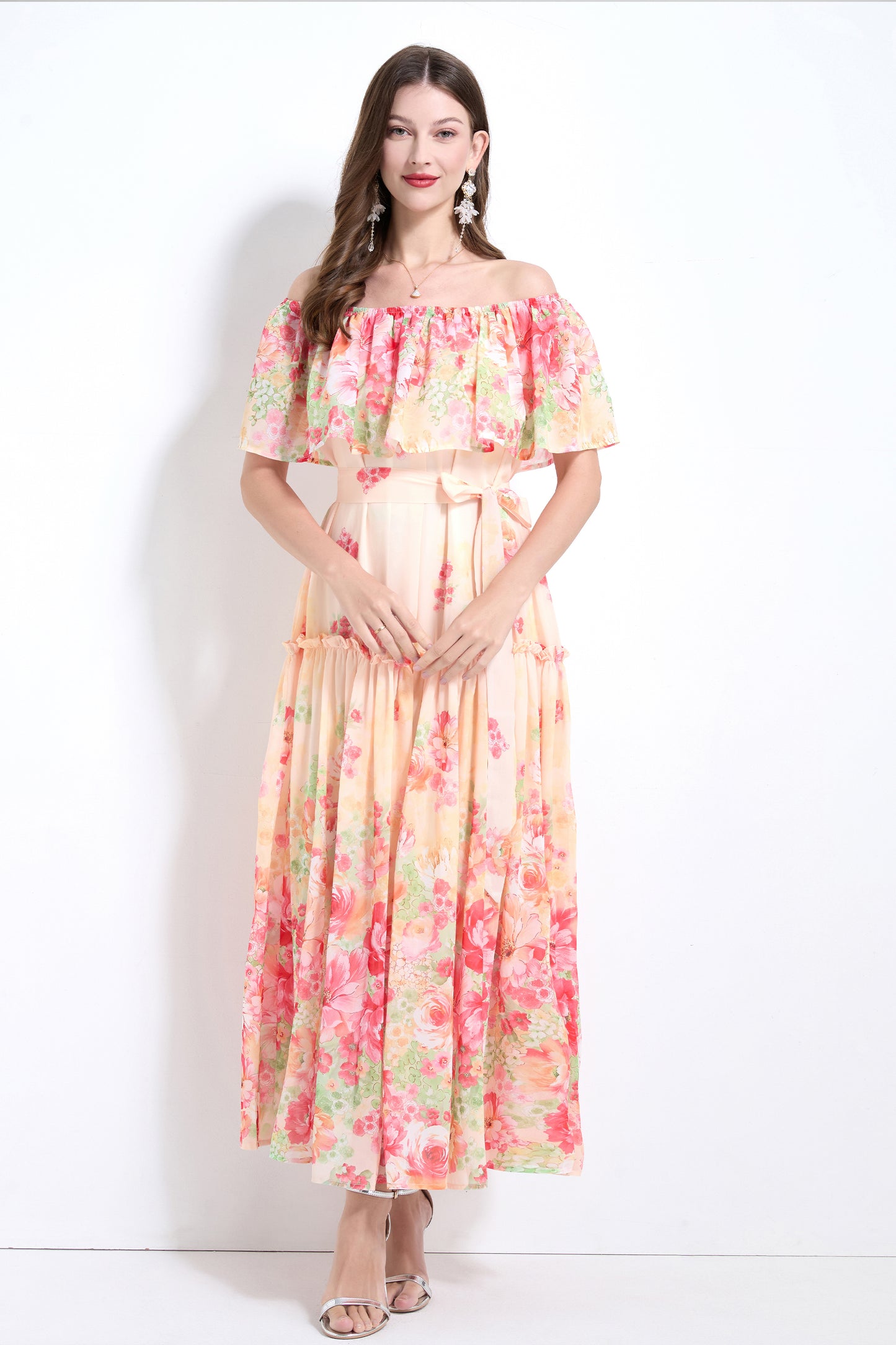 Off The Shoulder Floral Flowy Tied Maxi Dress