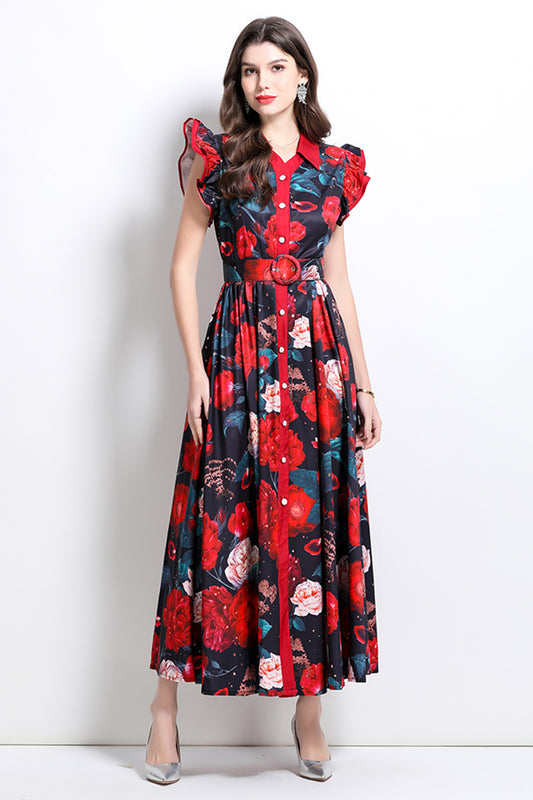 Women's Floral V Neck Sleeveless Ruffles Maxi Dresses