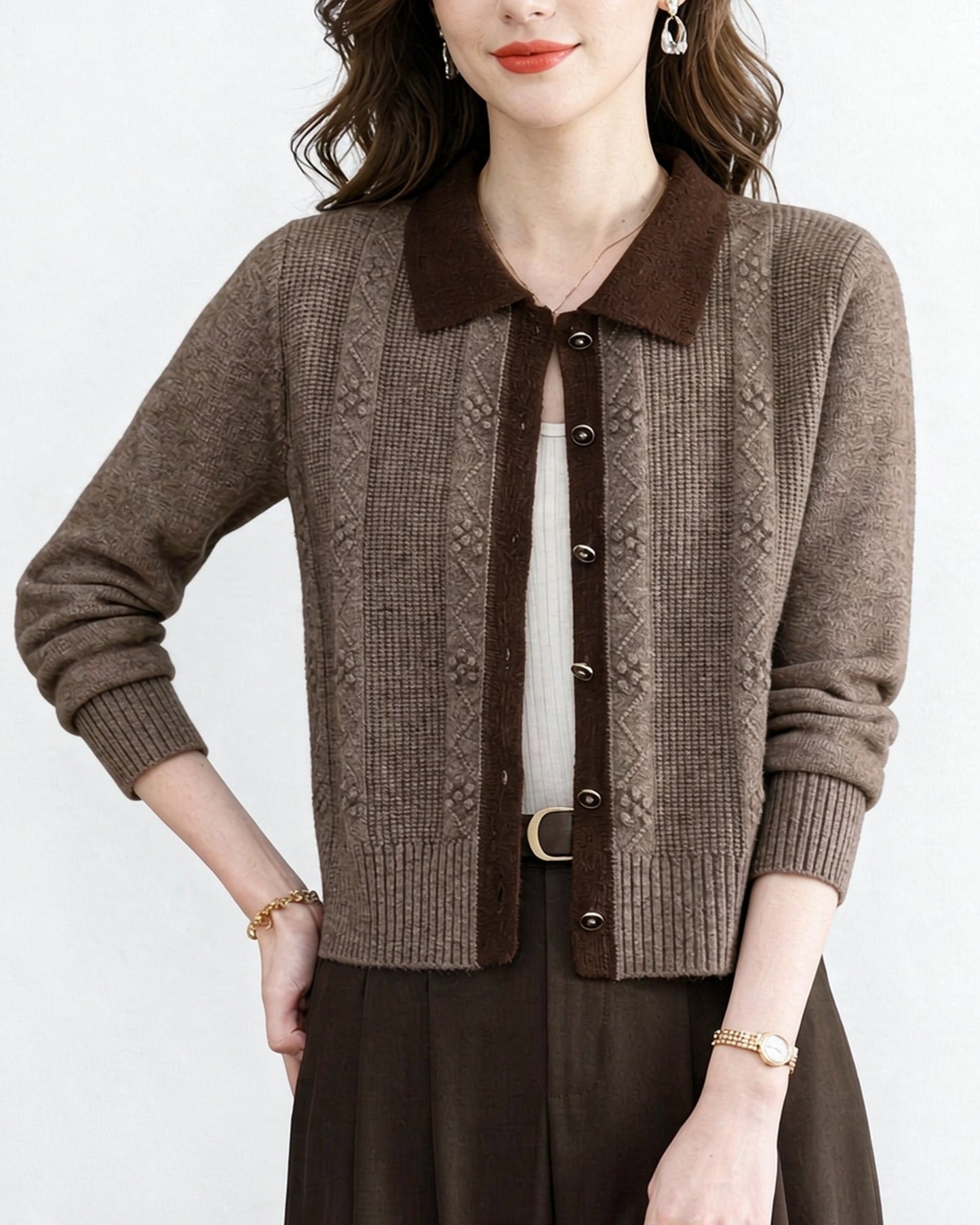 Vintage Contrast Collar Cable Knit Cardigan | Textured Button Crop Sweater