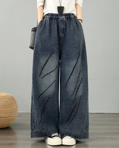 28668-Vintage Denim Wide-Leg Pants with Embroidery &Elastic Waist