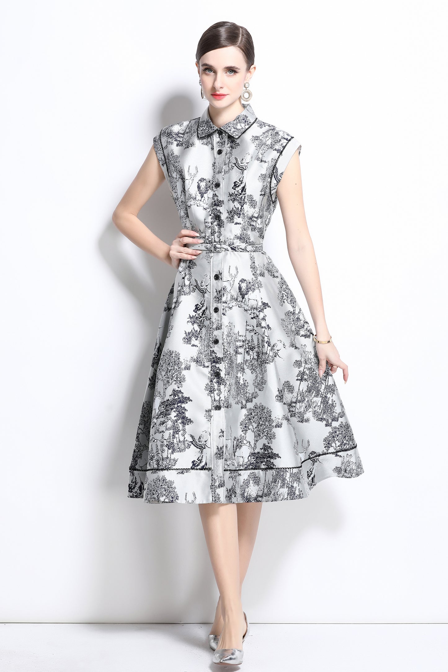 Women's Jacquard Cap Sleeve Button Rockabilly Dress