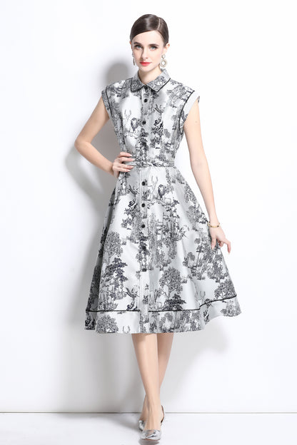 Women's Jacquard Cap Sleeve Button Rockabilly Dress