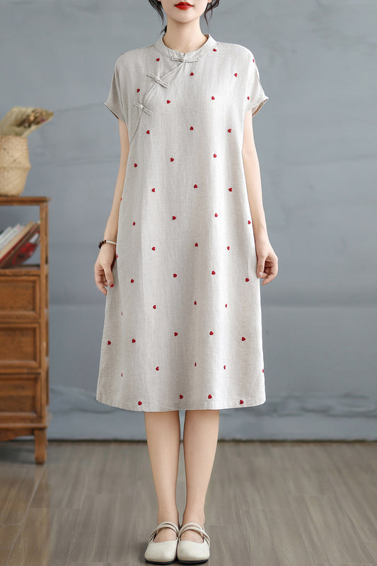 Women's Cheongsam Short Sleeve Pocket Qipao Midi Dress