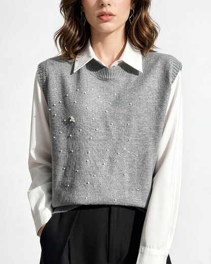 Women's 2 in 1 Round Neck Soft Sweater Top Chic Layering Office Casual
