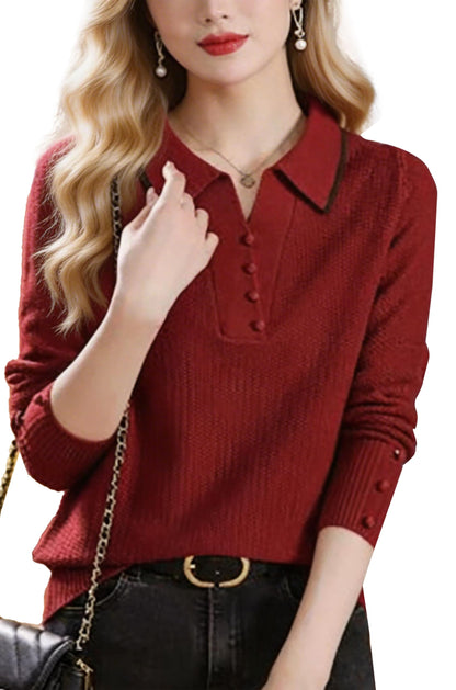 Fine-Knit Polo Top with Contrast Collar & Layered Look Sweater