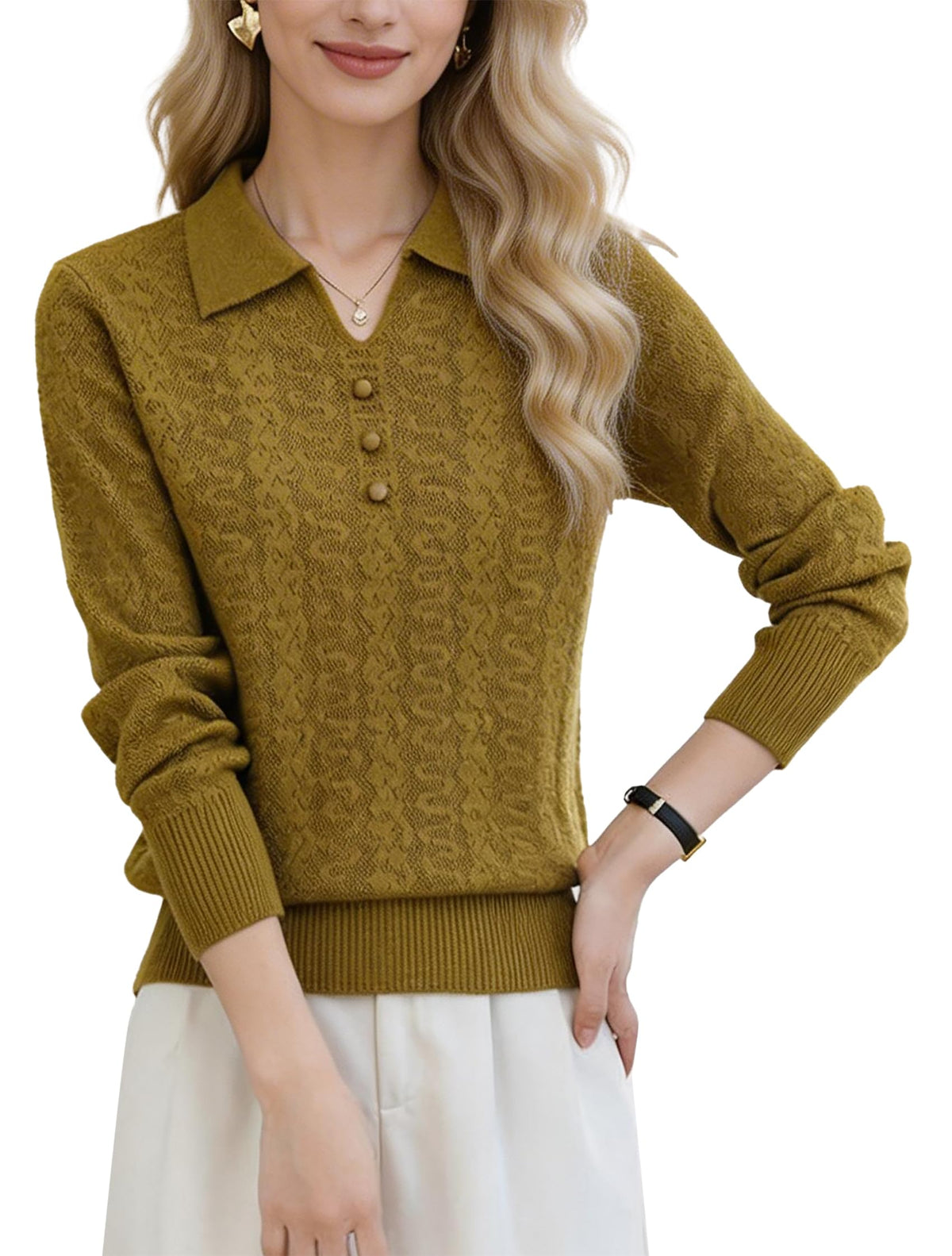 Women's Pink Polo Knit Top — V-Neck & Long Sleeve Ribbet Knitted
