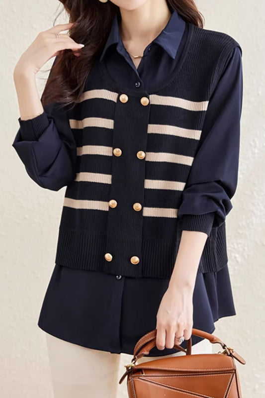 Knit Patchwork Stripe Button Pullover Top