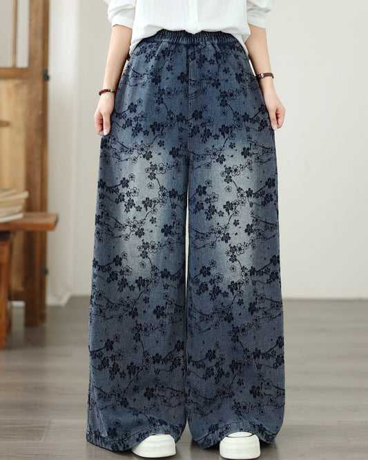 Vintage Floral Print Denim Wide-Leg Pants Wide-Leg Jeans - LAI MENG FIVE CATS