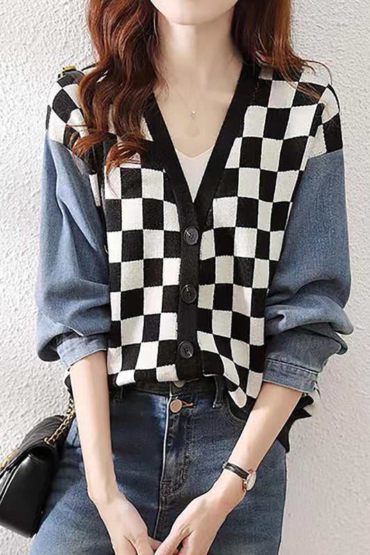 Knit Cardigan Patchwork Denim Tops