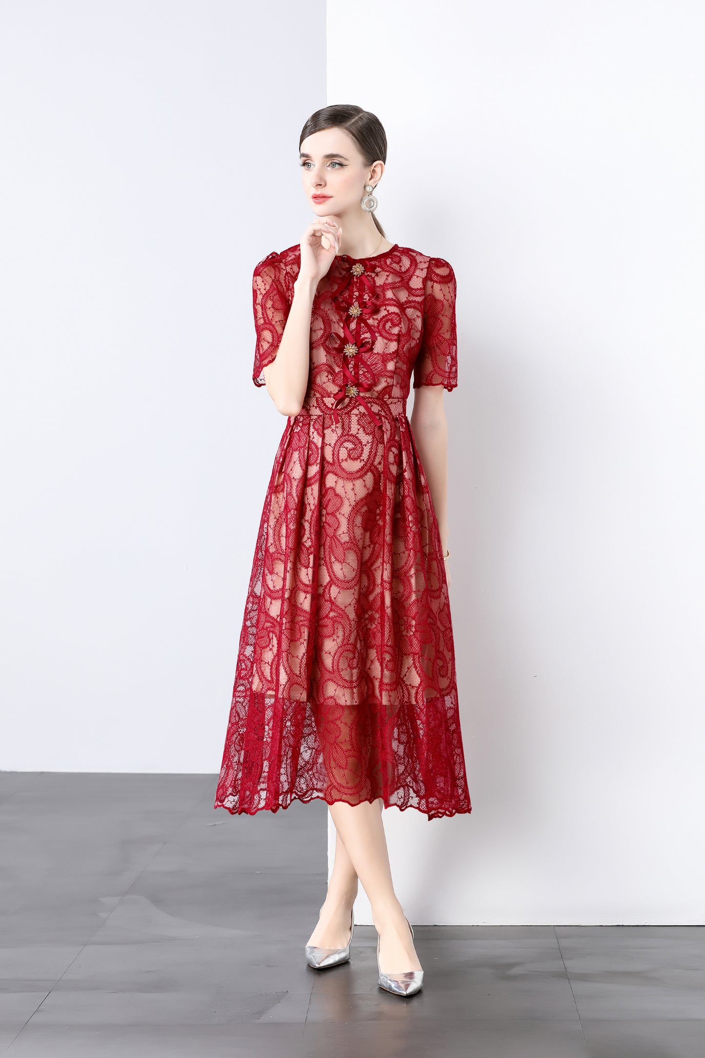 Red Lace Bow Midi Dress – Elegant Romantic Summer Party Dress