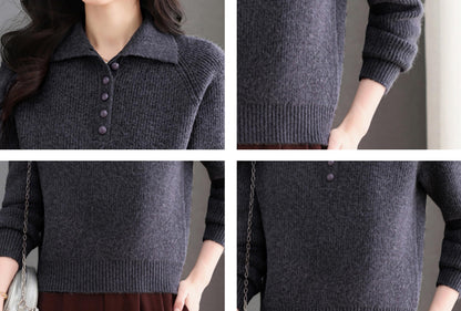 Women's Ribbed Knit Polo Top — Soft Button-Front Sweater