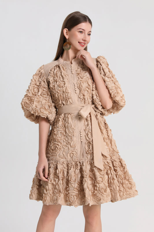 Women 3D Floral Puff Sleeve Ruffle Mini Dress