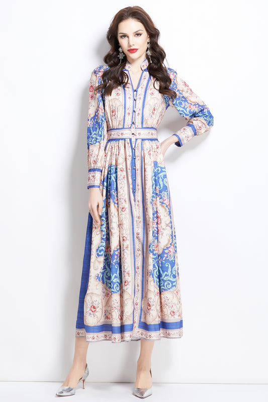 Women's Floral Print V-Neck Button up Slit Maxi Dress