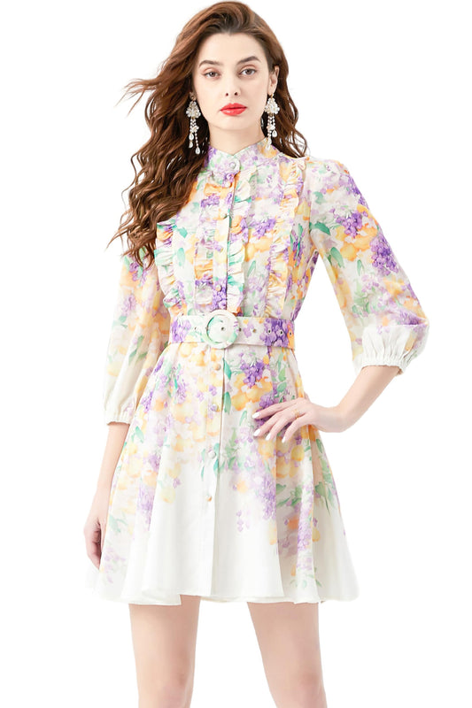 Women's Button up Floral Print Long Sleeve Casual  A-line Mini Dress
