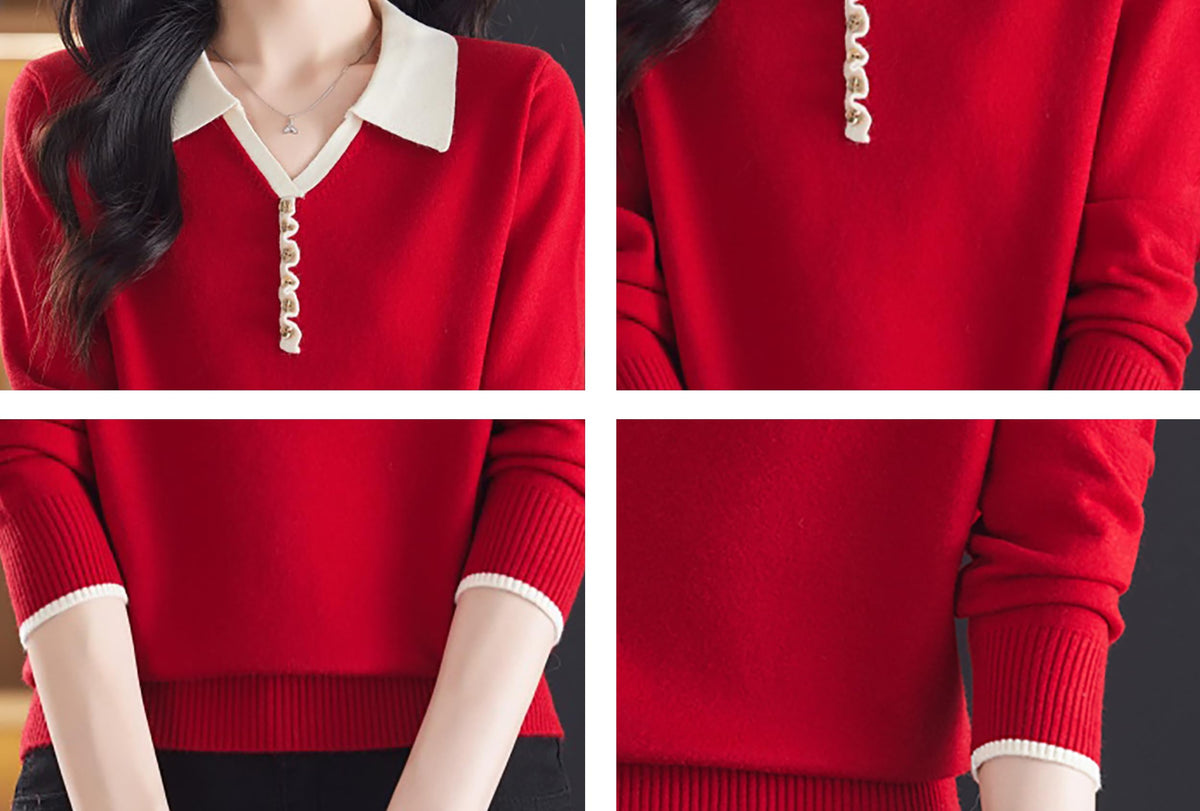 Women's Contrast-Collar Knit Top — Faux Button Placket