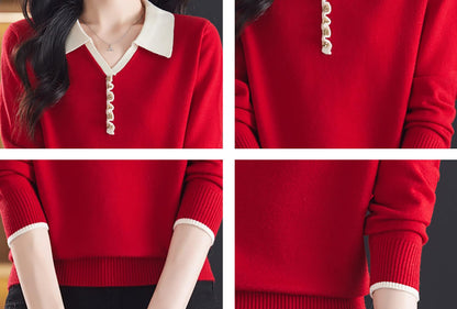 Women's Contrast-Collar Knit Top — Faux Button Placket