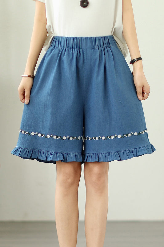Women's Loose Jeans Elastic Waist Short Pants