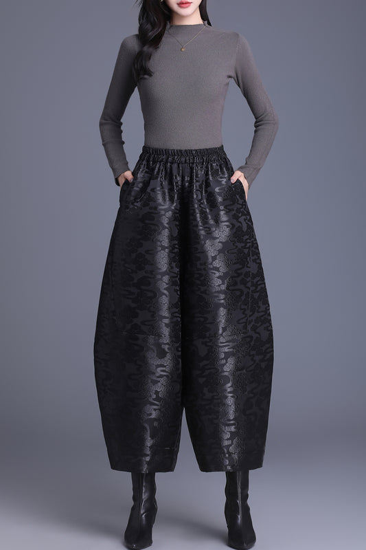 High Waisted Jacquard Cropped Loose Pants